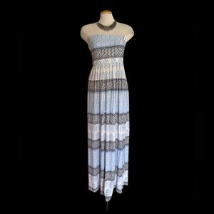 LOFT Strapless Blue, White & Black Printed Maxi Dress